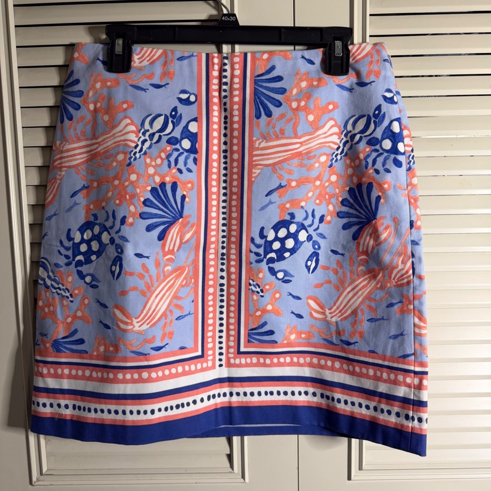 Talbots Coastal Lobster Crab Print Skirt Blue Coral Preppy Nautical Size 6